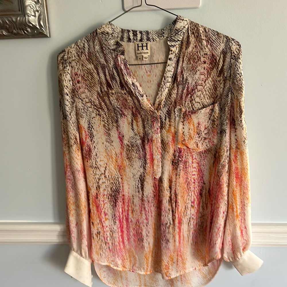 Haute Hippie Orange Tan Graphic 3/4 Sleeve Blouse